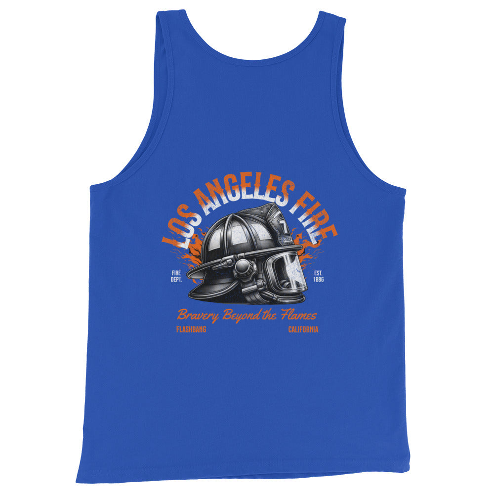 Blue tank top with a fire helmet graphic and text on a white background