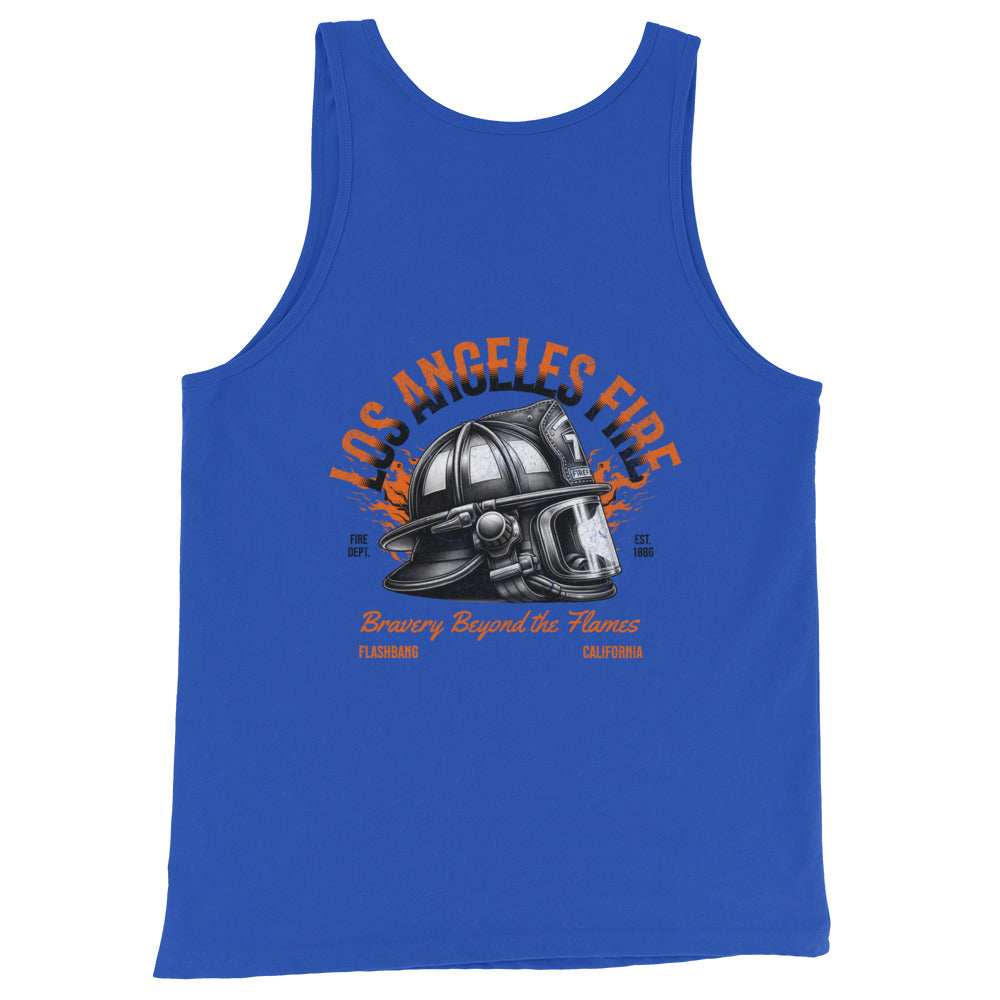 Blue tank top with a fire helmet graphic and text on a white background