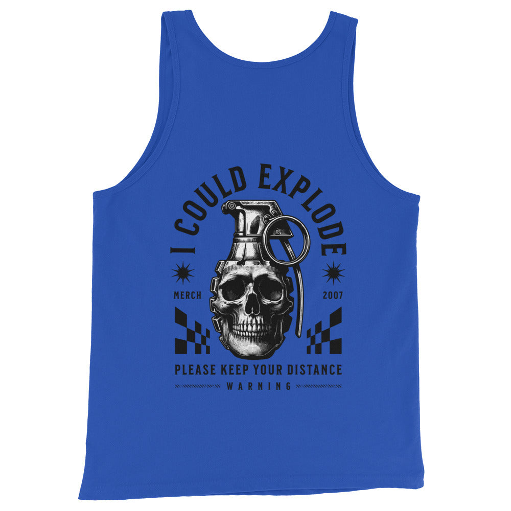 Blue tank top with a graphic design featuring a skull and grenade on a white background