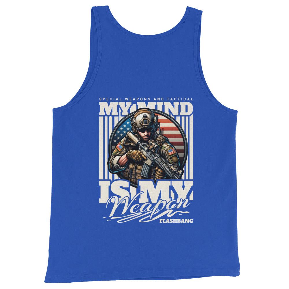 Blue tank top with graphic design of a soldier and text on a white background