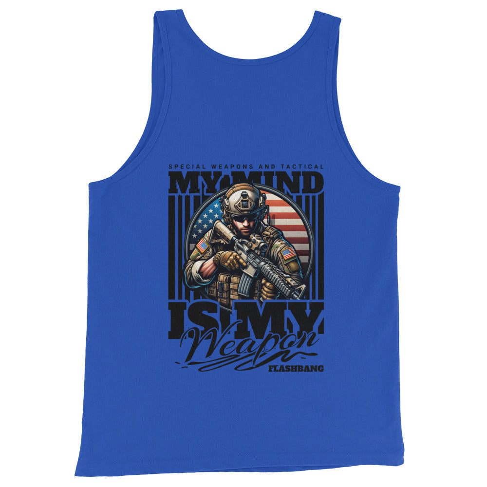 Blue tank top with graphic design of a soldier and text on a white background