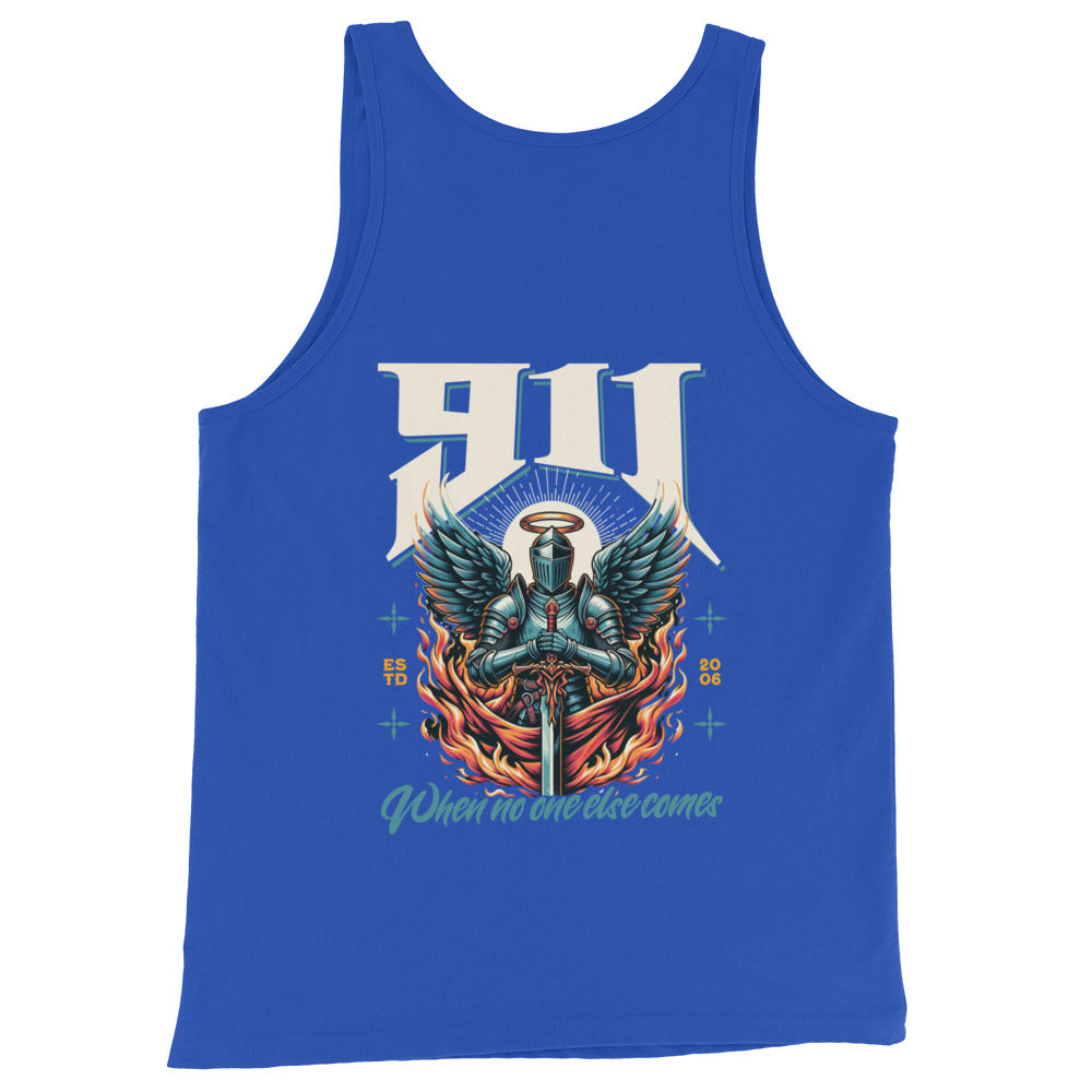 Blue tank top with a graphic design featuring a knight and wings on a white background