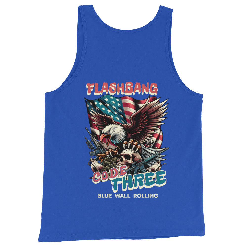 Blue tank top with graphic design featuring an American flag, eagle, and text on a white background