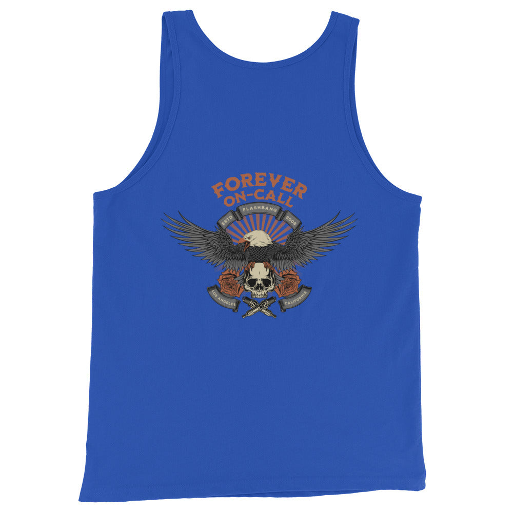 Blue tank top with an eagle and skull design on a white background