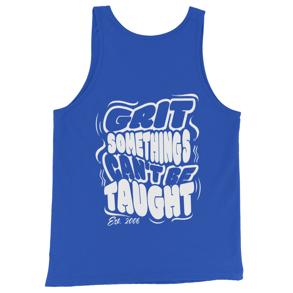 Blue tank top with white text on a white background