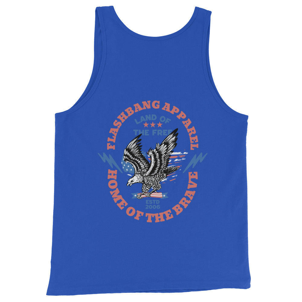 Blue tank top with an eagle graphic and text on a white background