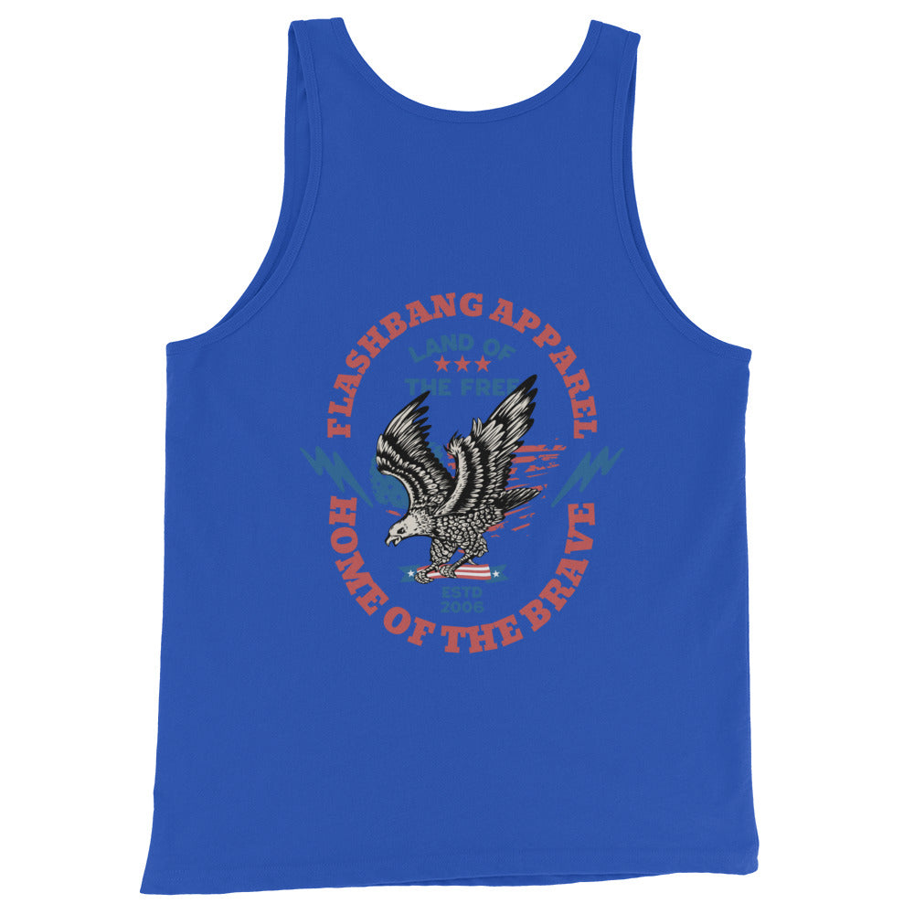 Blue tank top with an eagle graphic and text on a white background