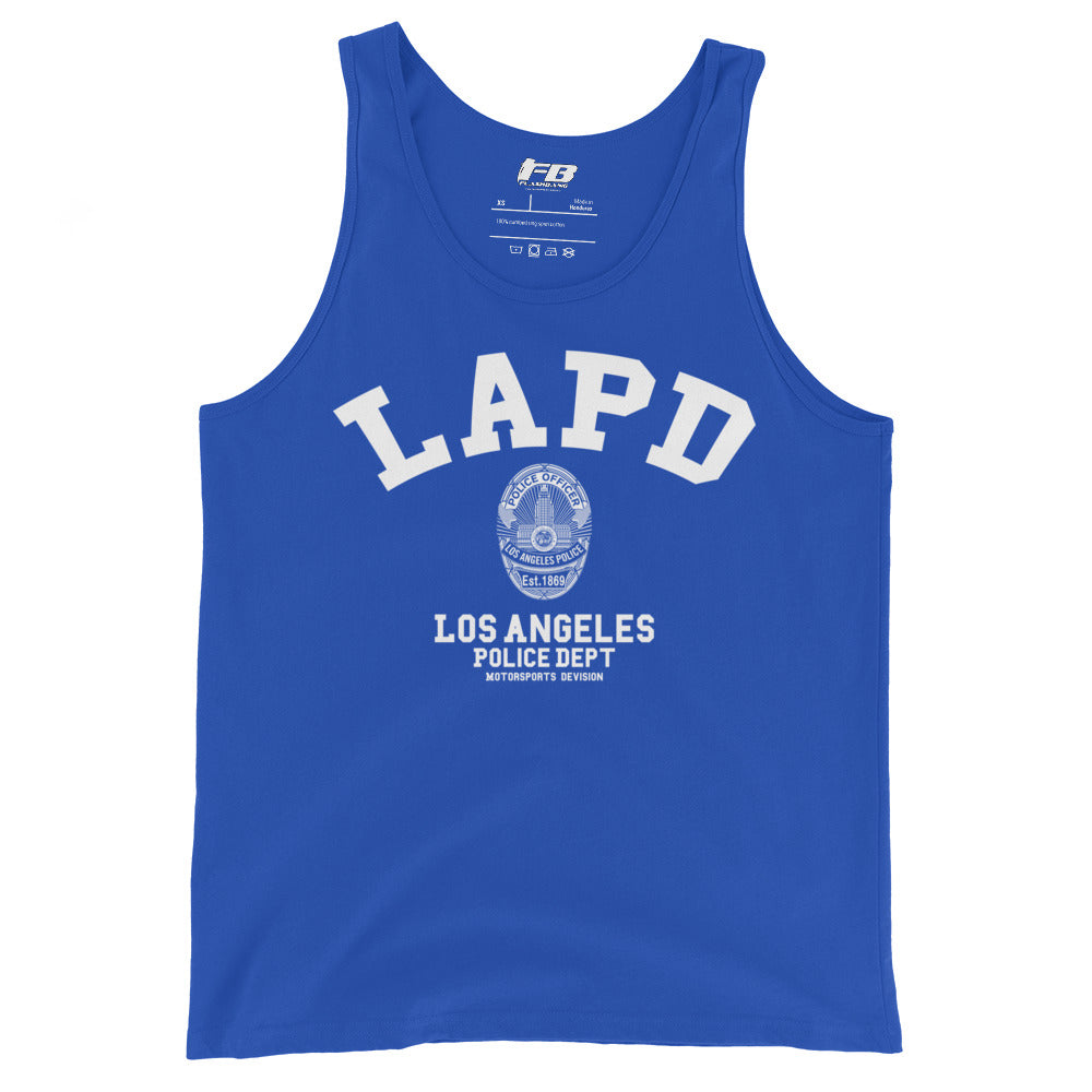 Blue tank top with LAPD Los Angeles Police Dept logo on a white background