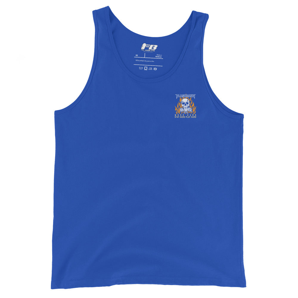 Blue tank top with a logo on the chest against a white background