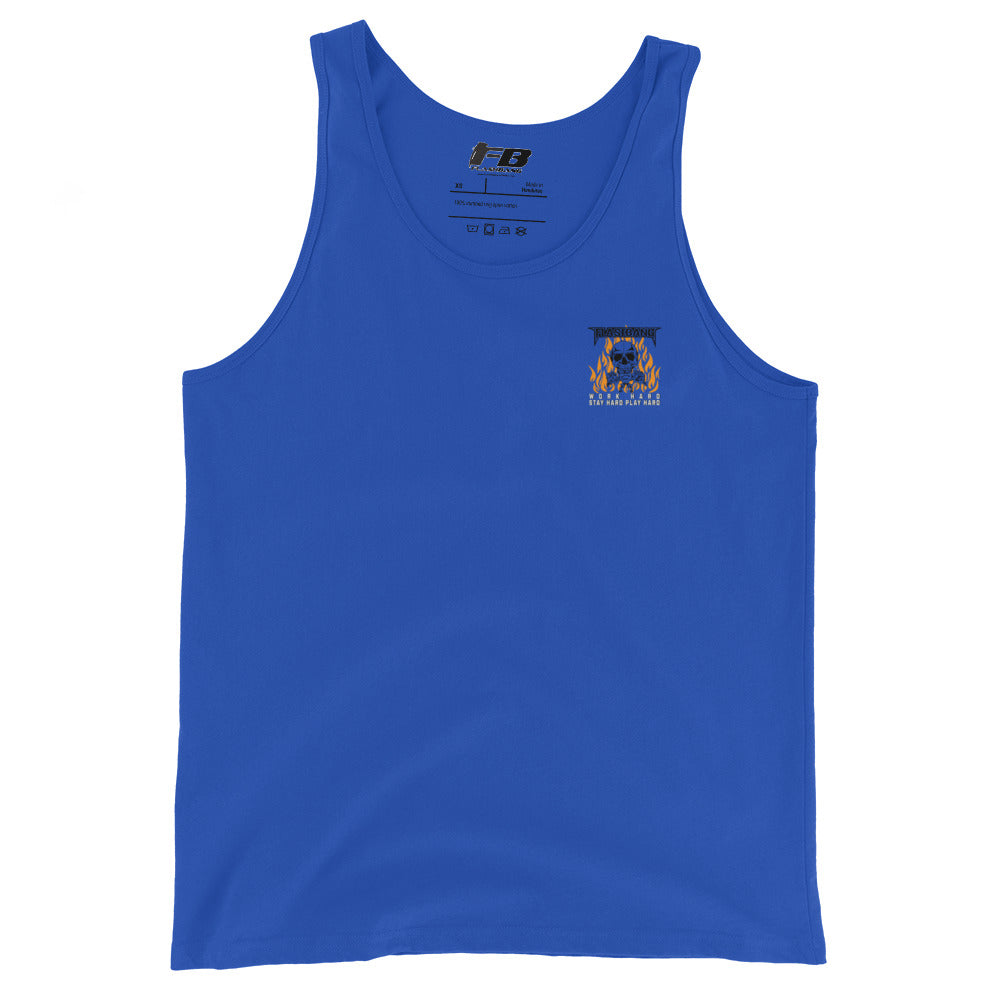 Blue tank top with a logo on a white background