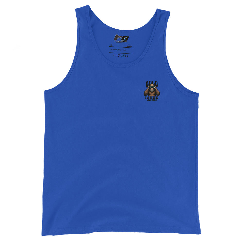 Blue tank top with a logo on the chest against a white background