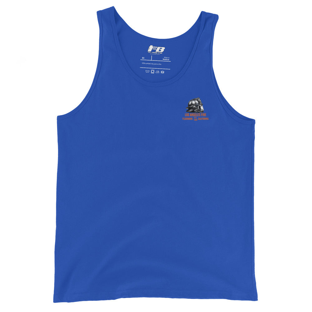 Blue tank top with a logo on the chest against a white background