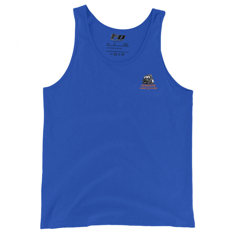 Blue tank top with a logo on the chest against a white background