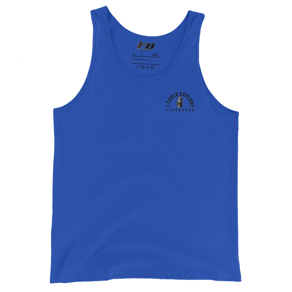 Blue tank top with a logo on a white background