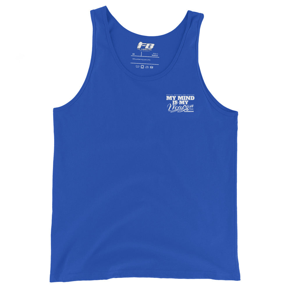 Blue tank top with white text on a white background