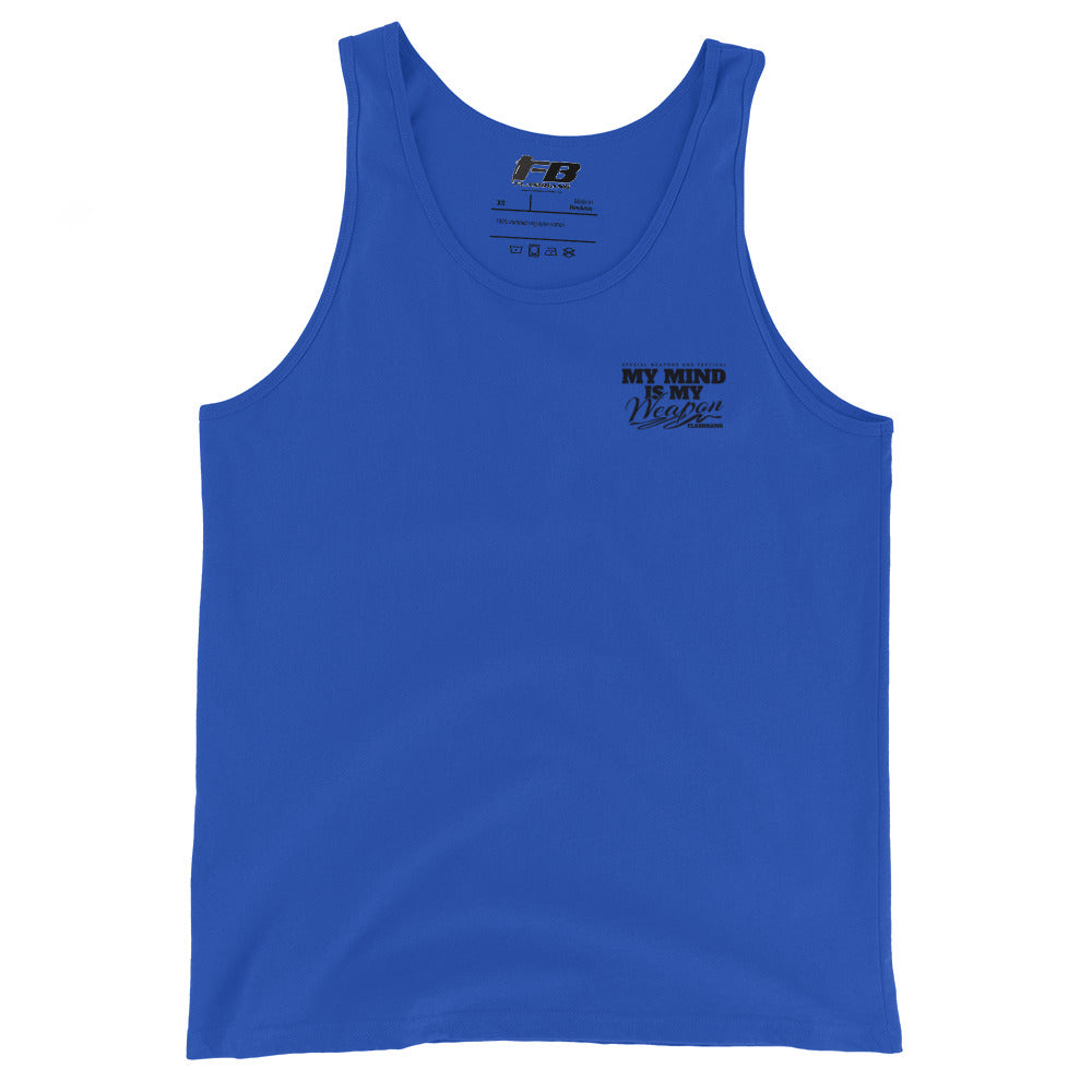 Blue tank top with text on a white background