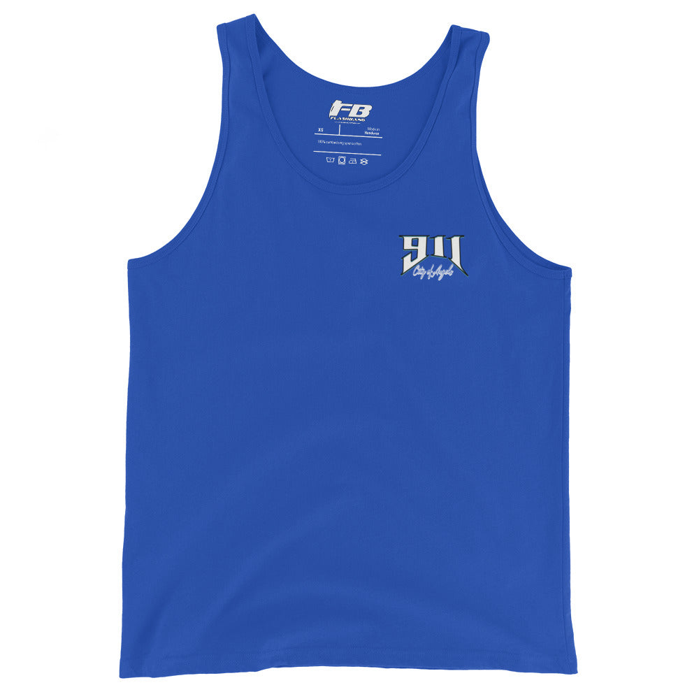 Blue tank top with a logo on a white background