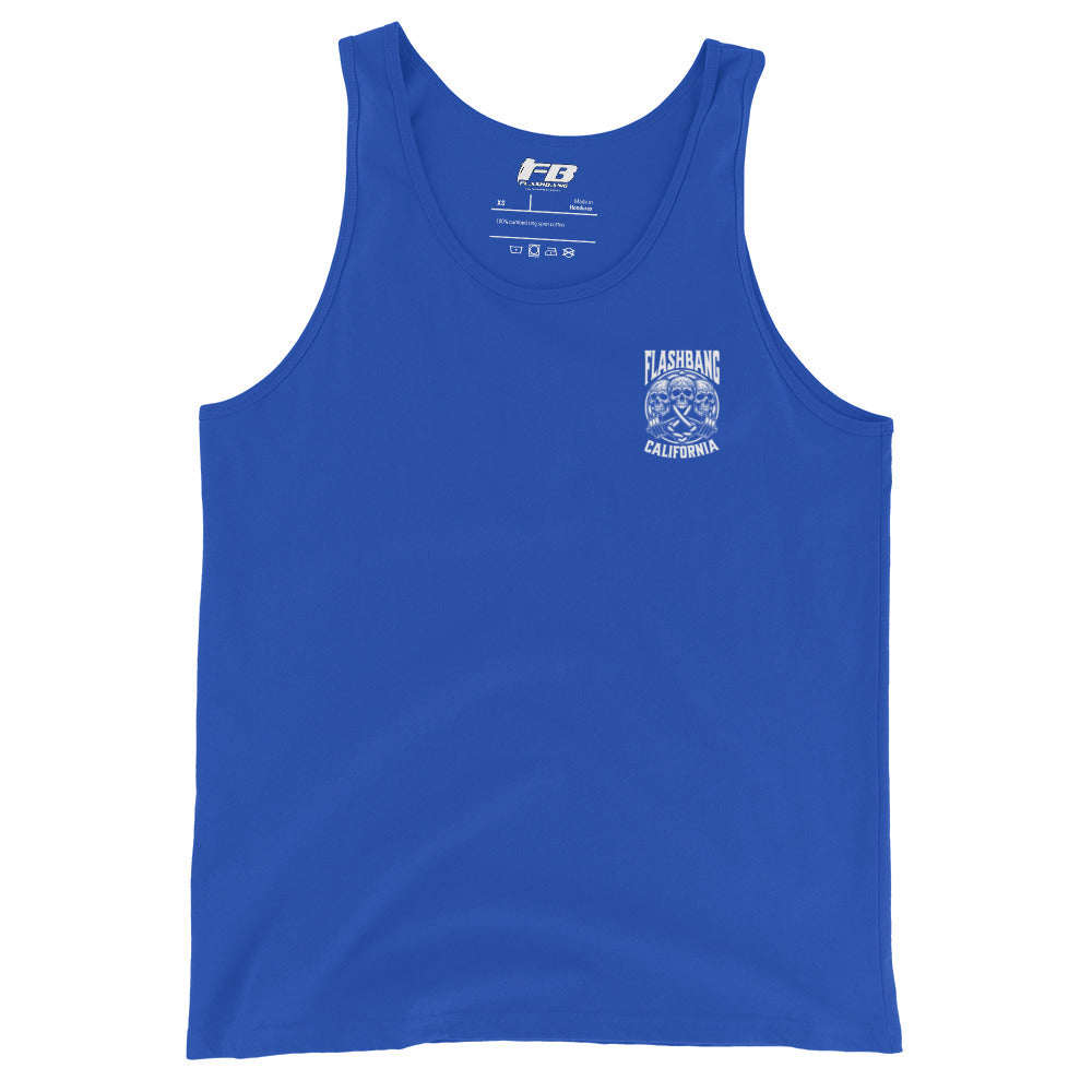 Blue tank top with a logo on the chest against a white background