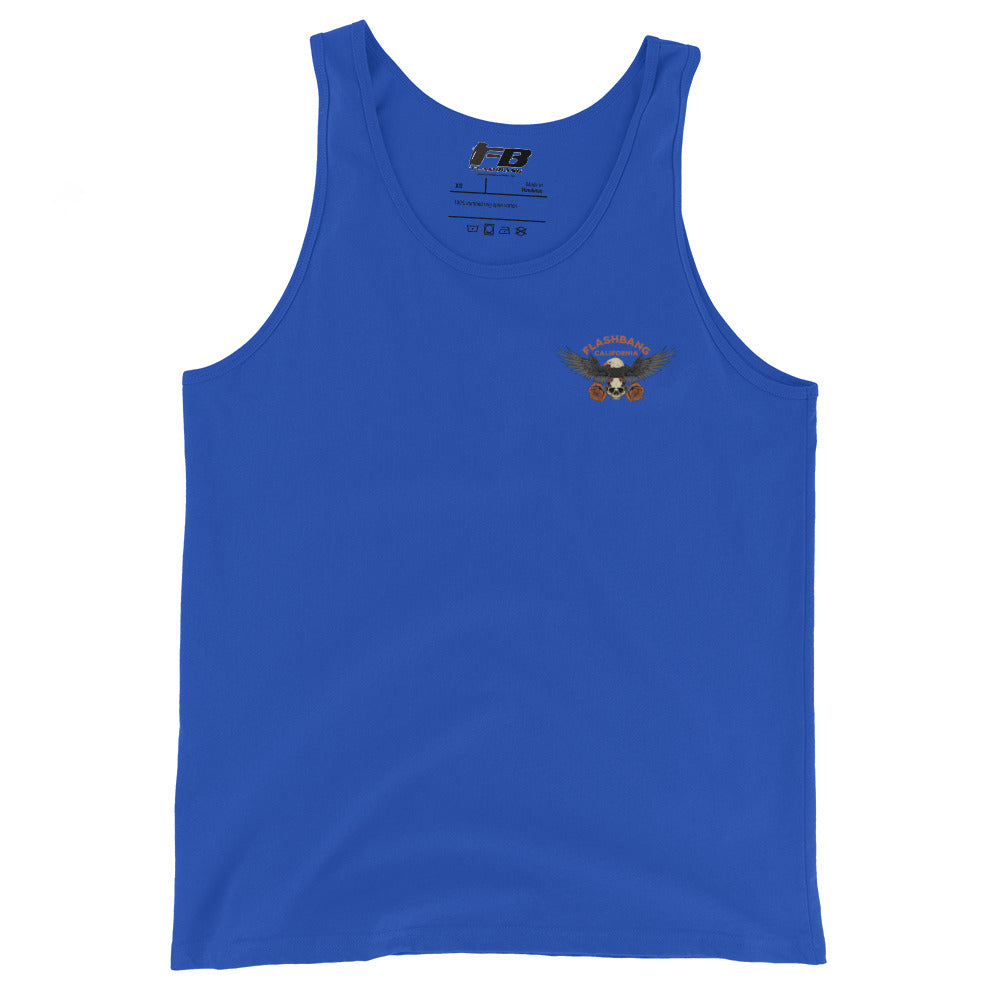 Blue tank top with a logo on the chest against a white background