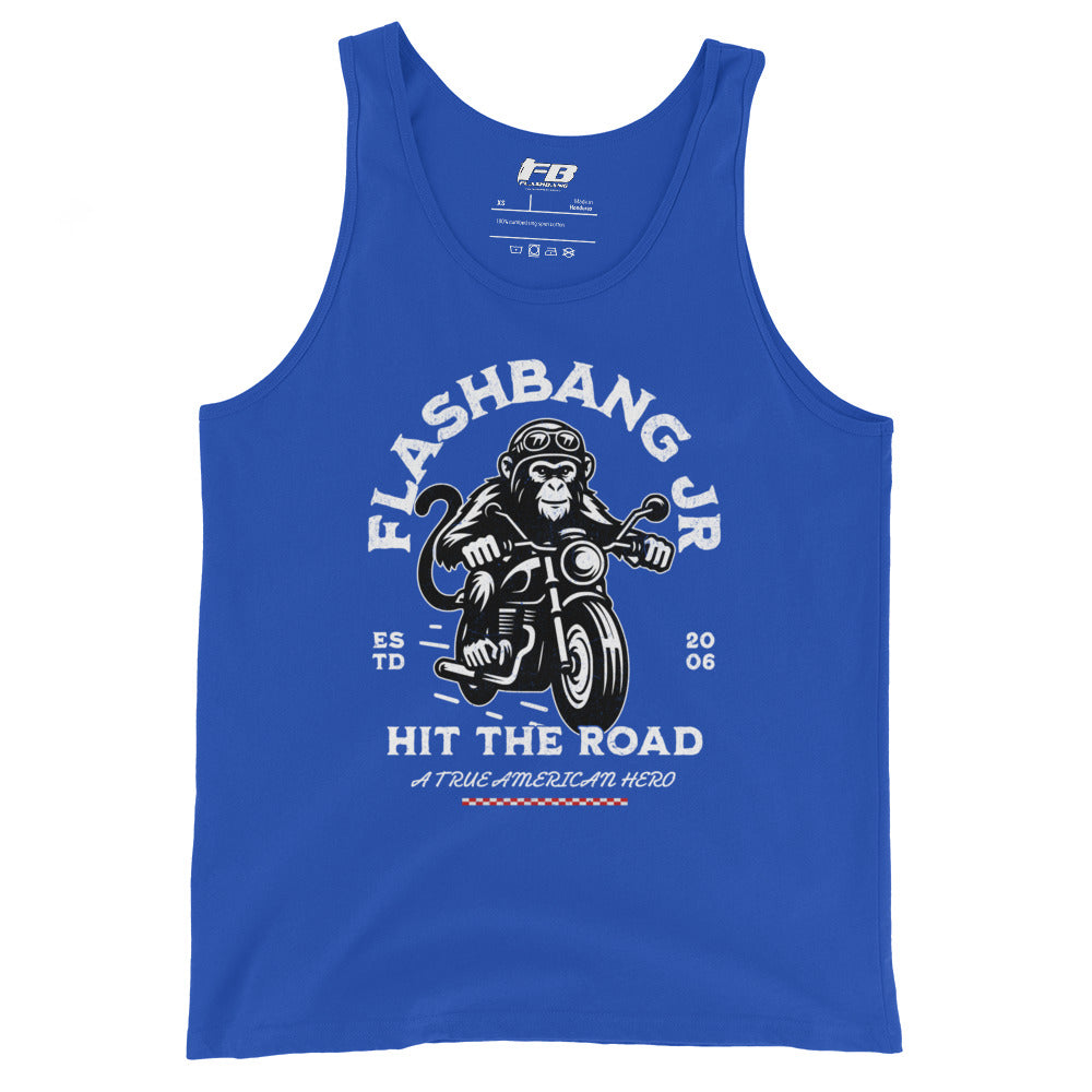Blue tank top with monkey on a motorcycle graphic and text on a white background