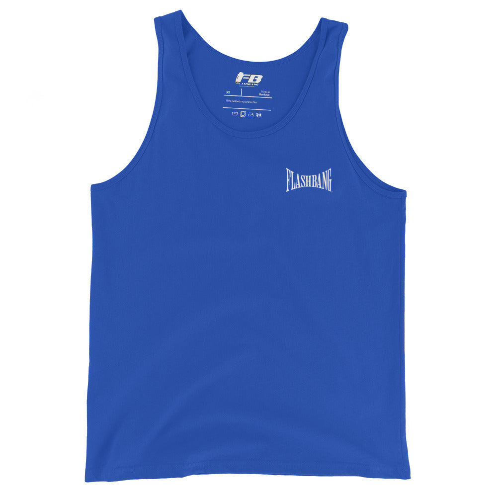Blue tank top with 'Flashbang' logo on a white background
