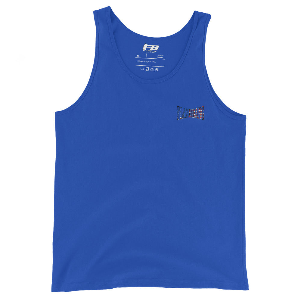 Blue tank top with a small logo on a white background