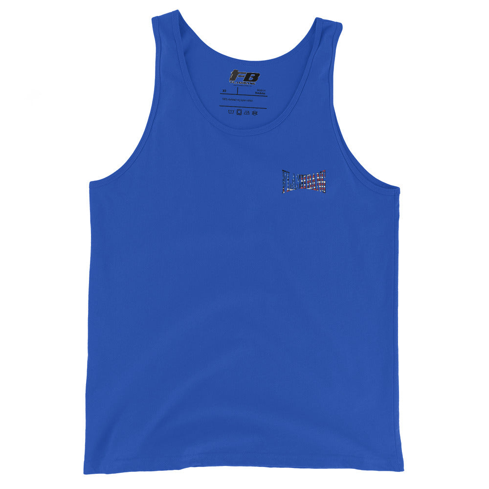Blue tank top with a logo on a white background