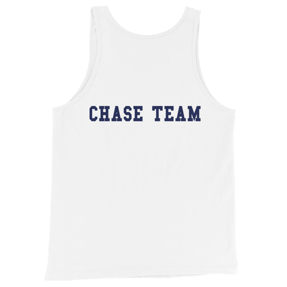 White tank top with 'CHASE TEAM' text in blue on a white background