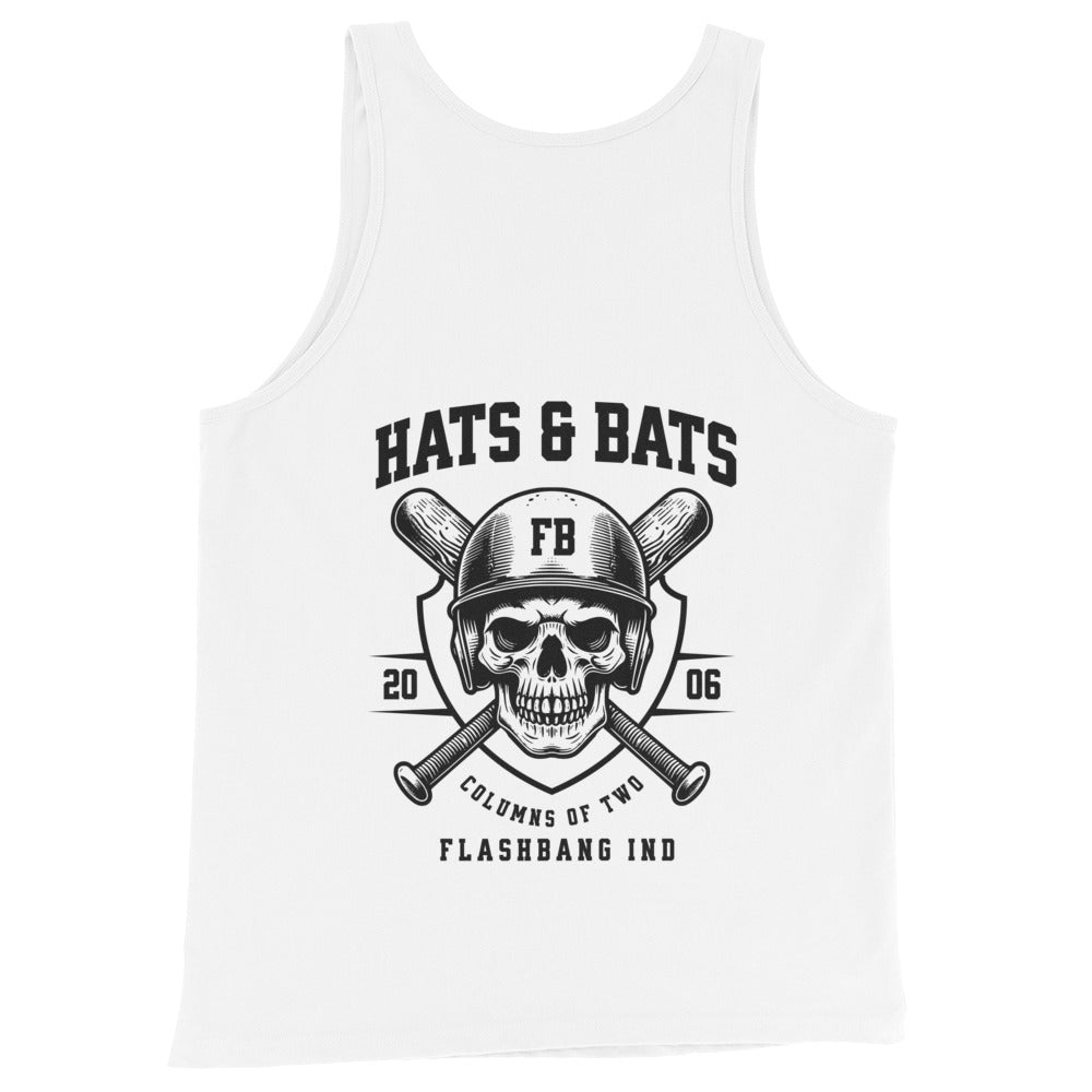 White tank top with black graphic design featuring a skull, helmet, and crossed bats on a white background.