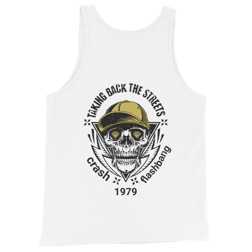 White tank top with skull wearing a cap and text design on a white background