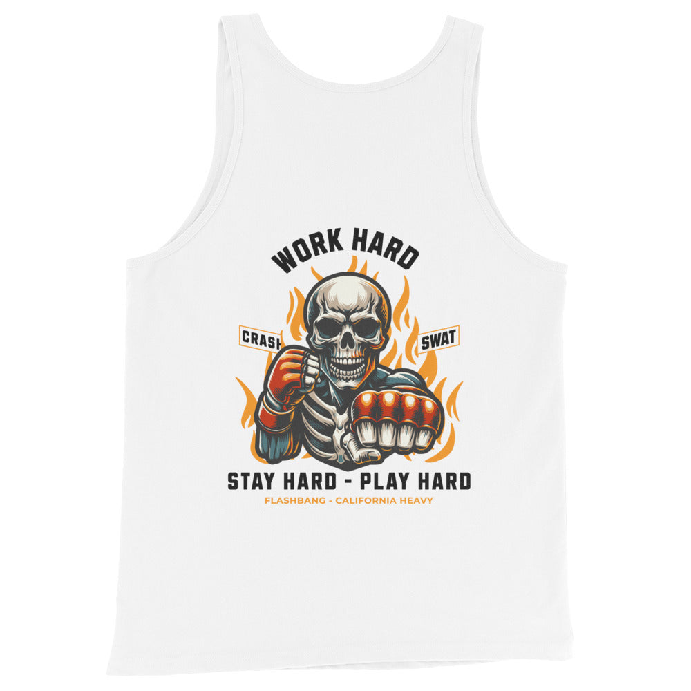 White tank top with a skeleton design and text on a white background
