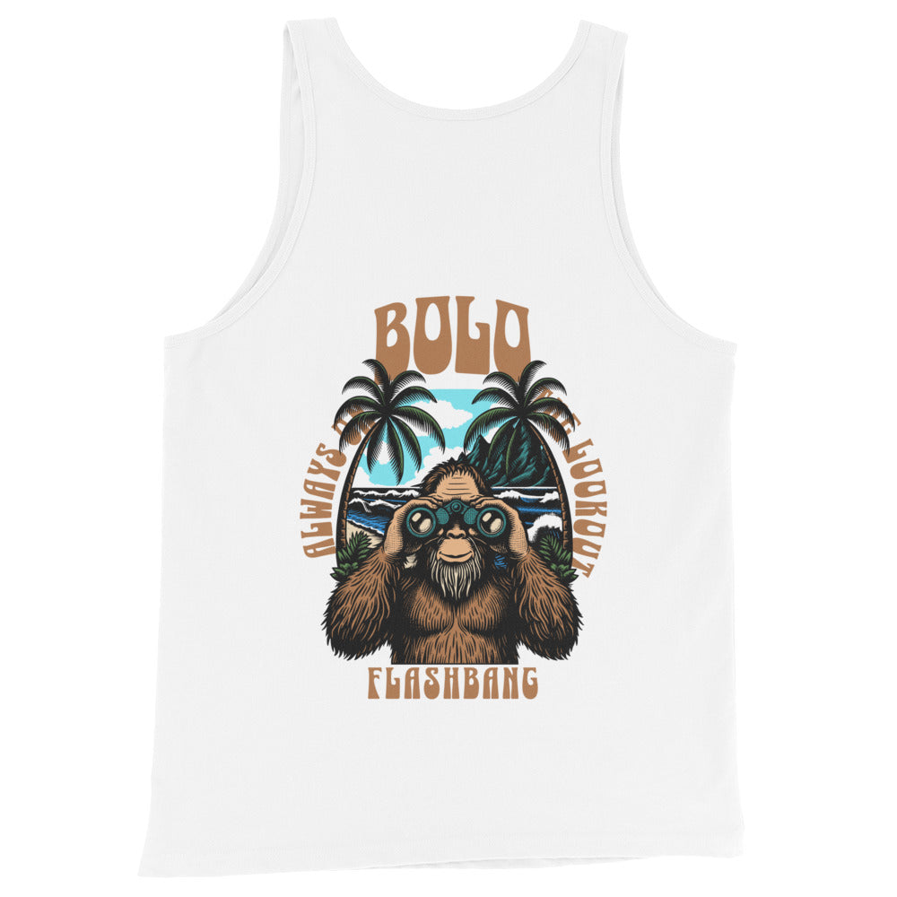 White tank top with a graphic of a monkey and palm trees on a white background