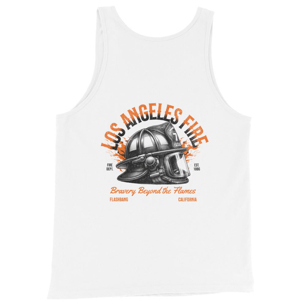 White tank top with a graphic of a fire helmet and text on a white background