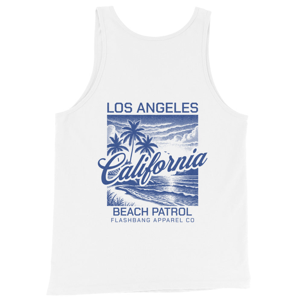 White tank top with 'Los Angeles California Beach Patrol' design on a white background