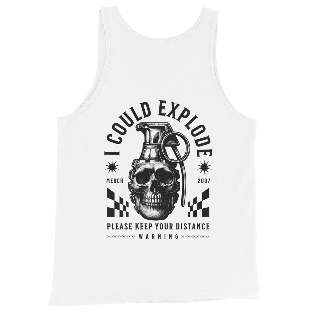 White tank top with black graphic design featuring a skull and grenade on a white background