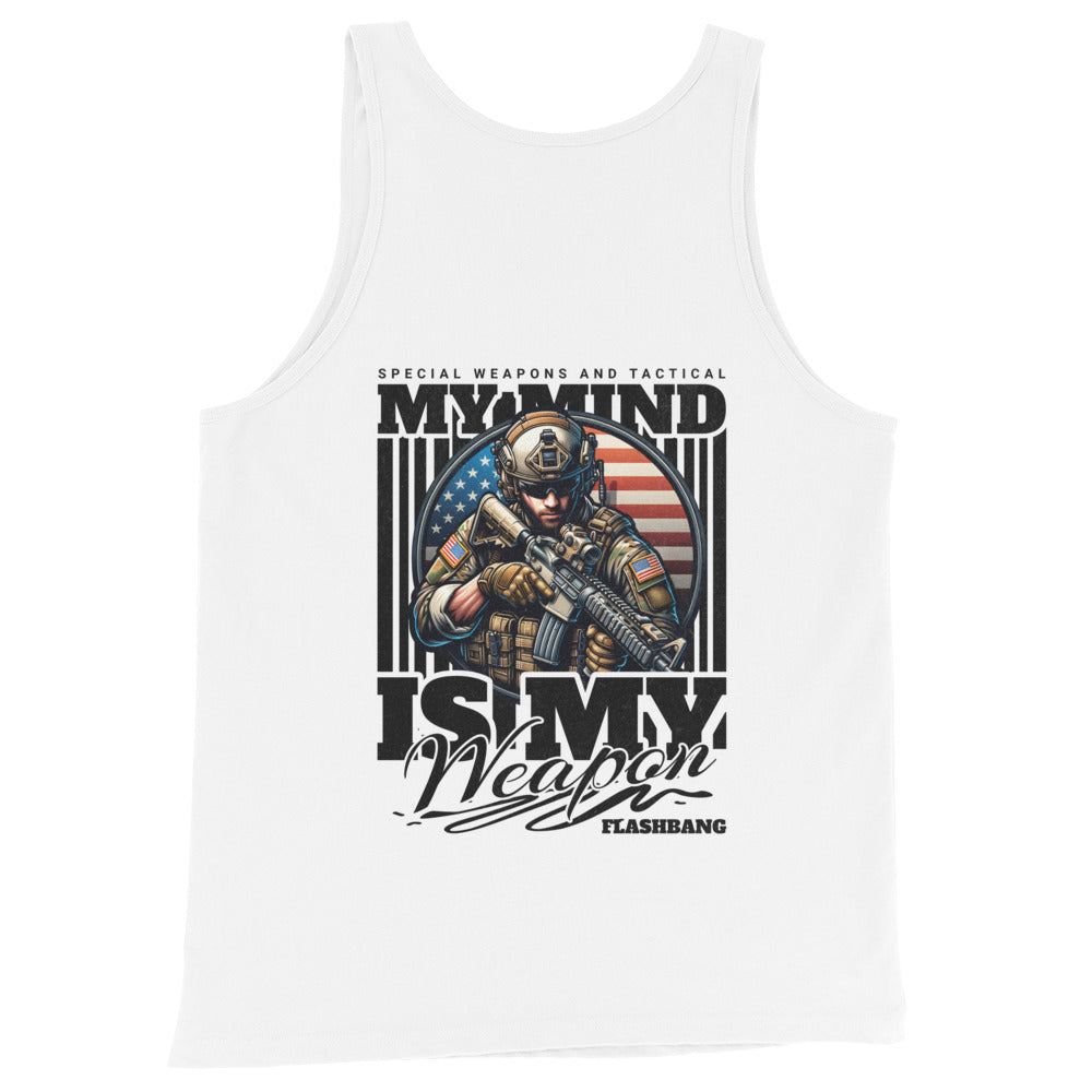 White tank top with graphic design featuring a soldier and text on a white background
