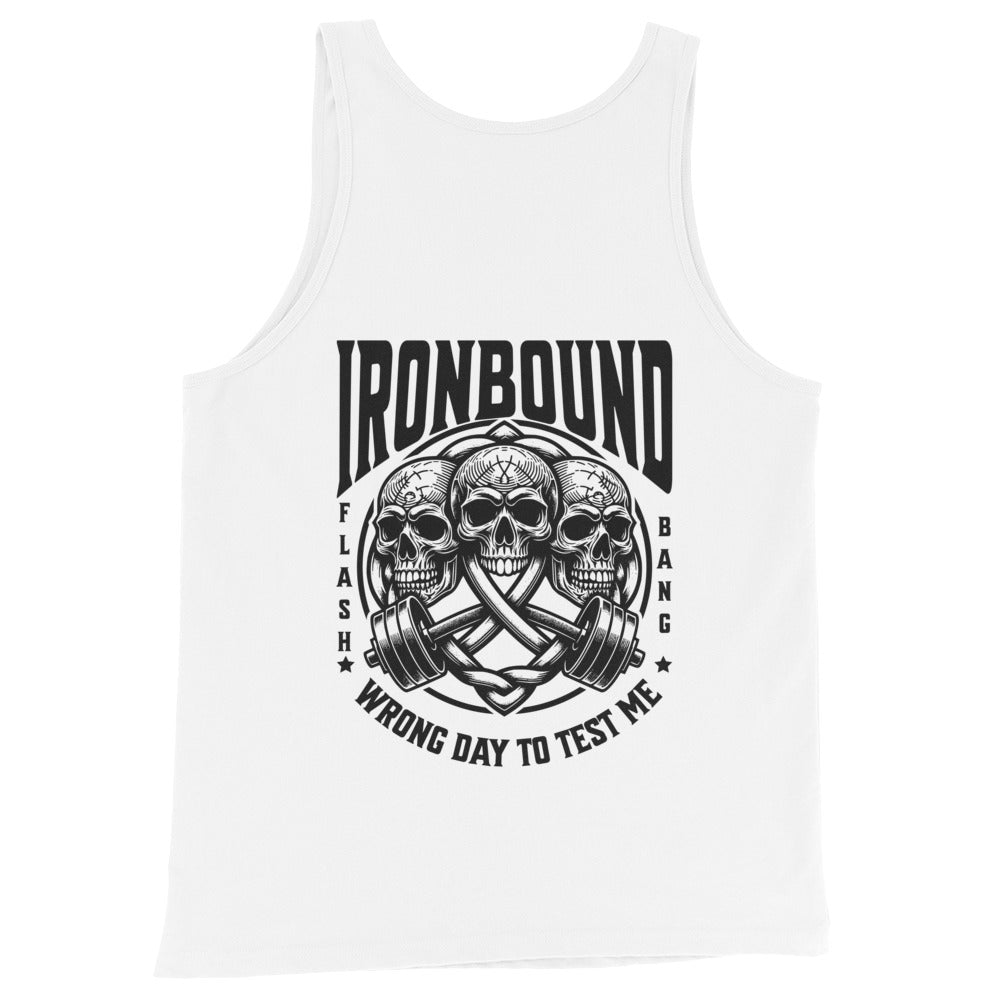White tank top with black graphic design featuring skulls and text on a white background
