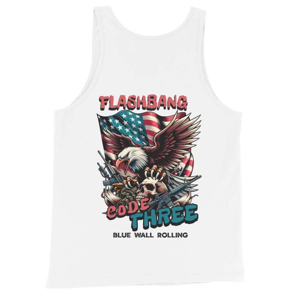 White tank top with 'Flashbang Code Three' graphic design featuring an eagle, American flag, and skull.