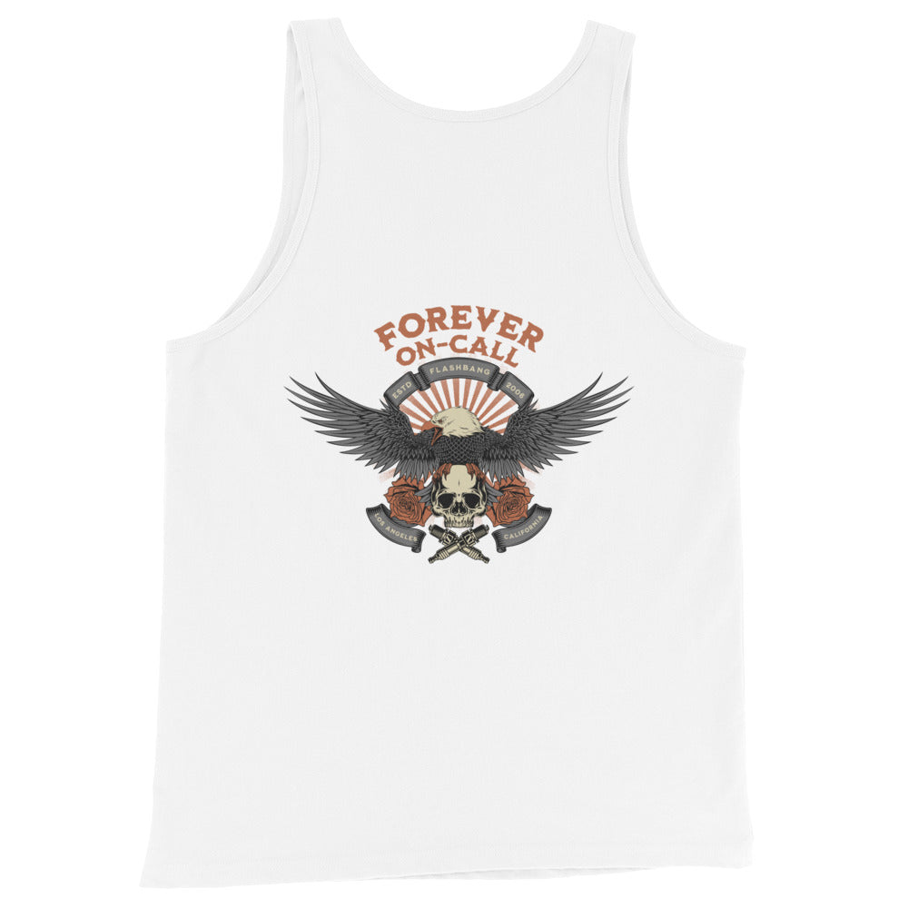 White tank top with an eagle and skull design and 'Forever On-Call' text on a white background