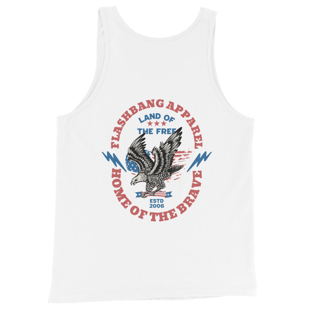 White tank top with an eagle graphic and text on a white background