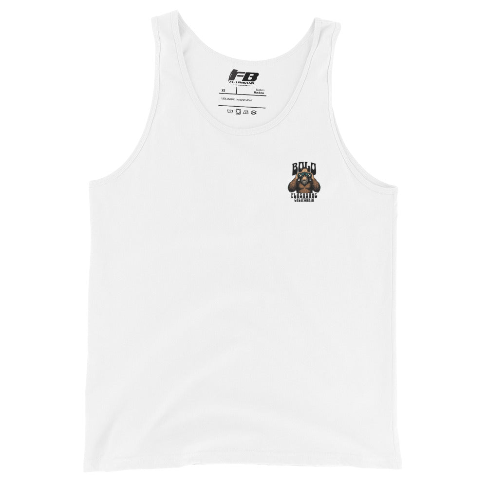 White tank top with a logo and text on a white background
