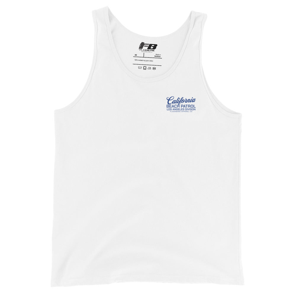White tank top with 'California Beach Patrol' text on a white background