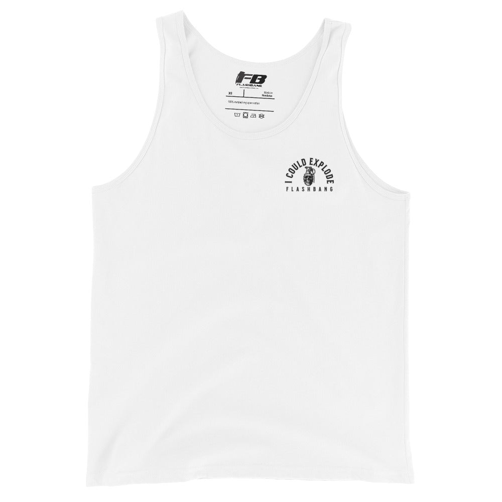 White tank top with black text and graphics on a white background