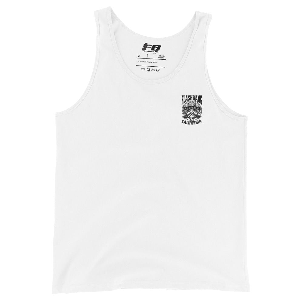 White tank top with a graphic design on a white background