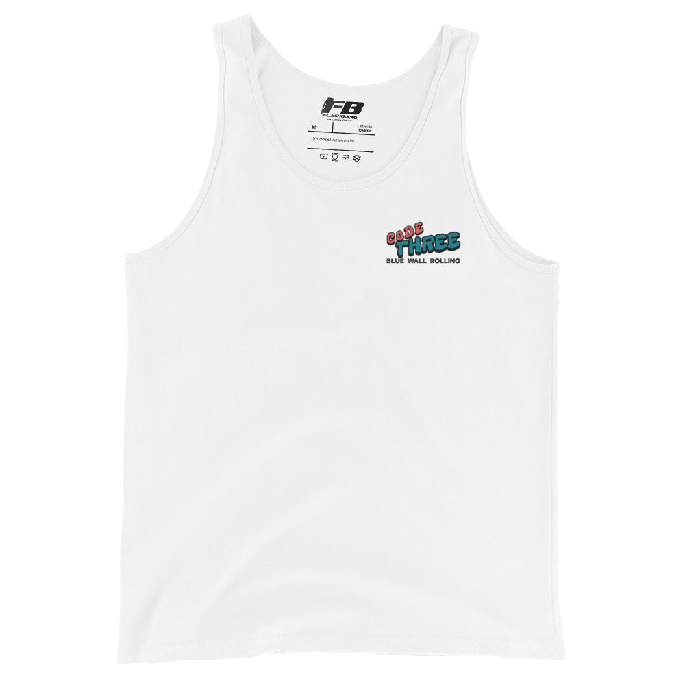 White tank top with colorful text and logo on a white background