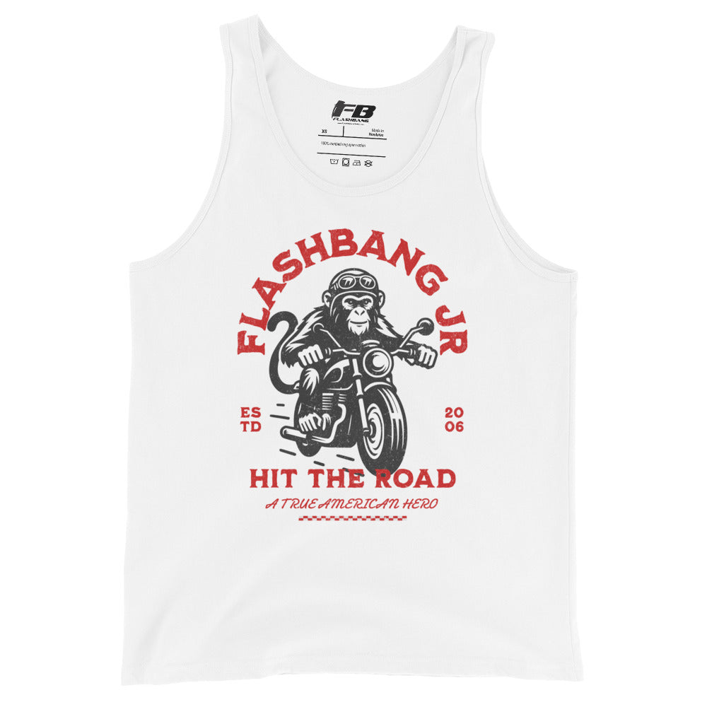 White tank top with red and black graphic design on a white background