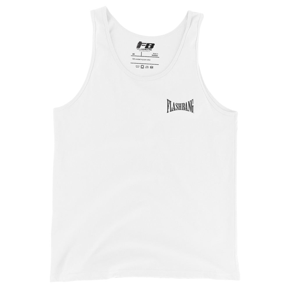 White tank top with black branding on a white background