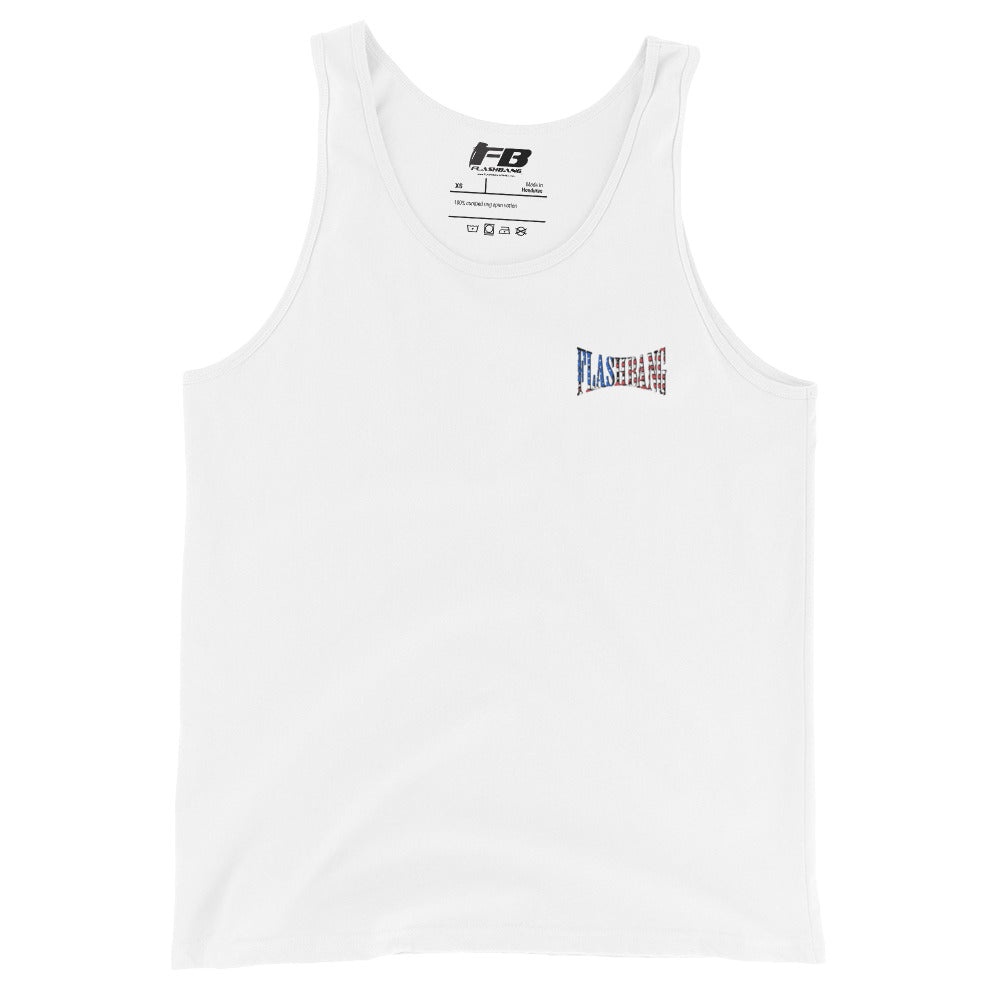 White tank top with text and logos on a white background
