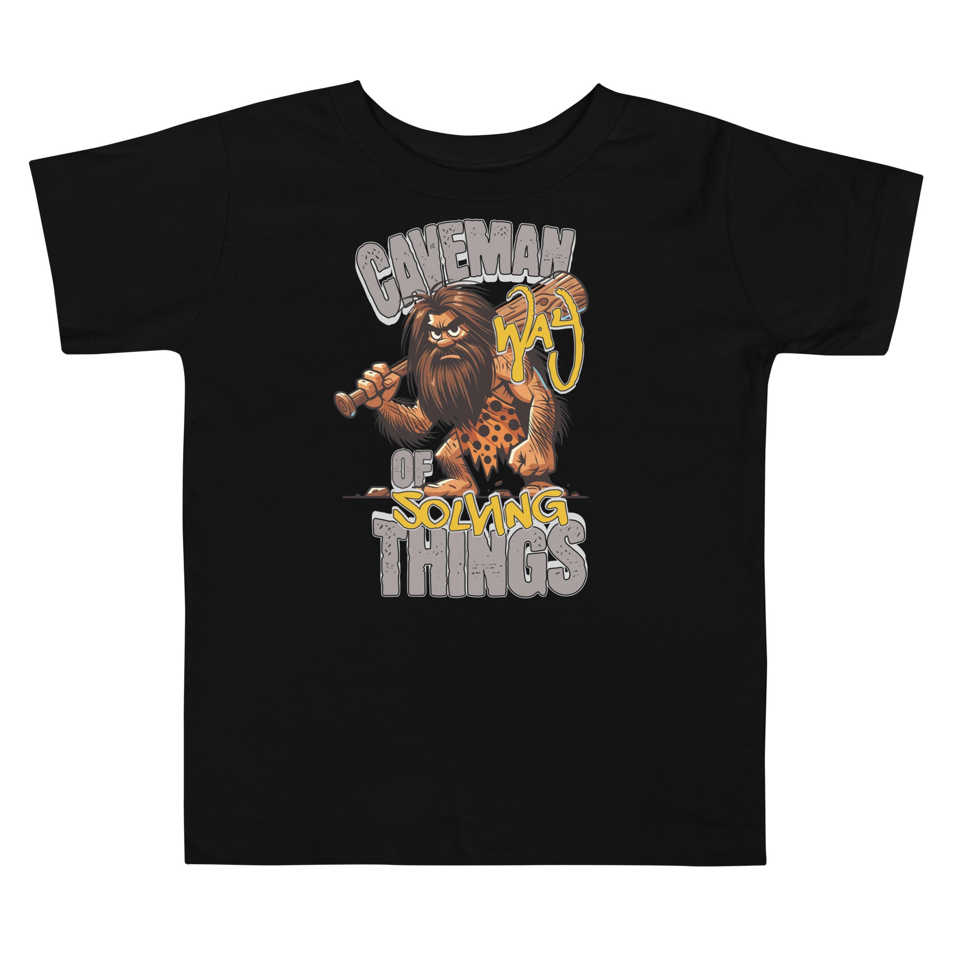 Black t-shirt with a graphic of a caveman and text on a white background