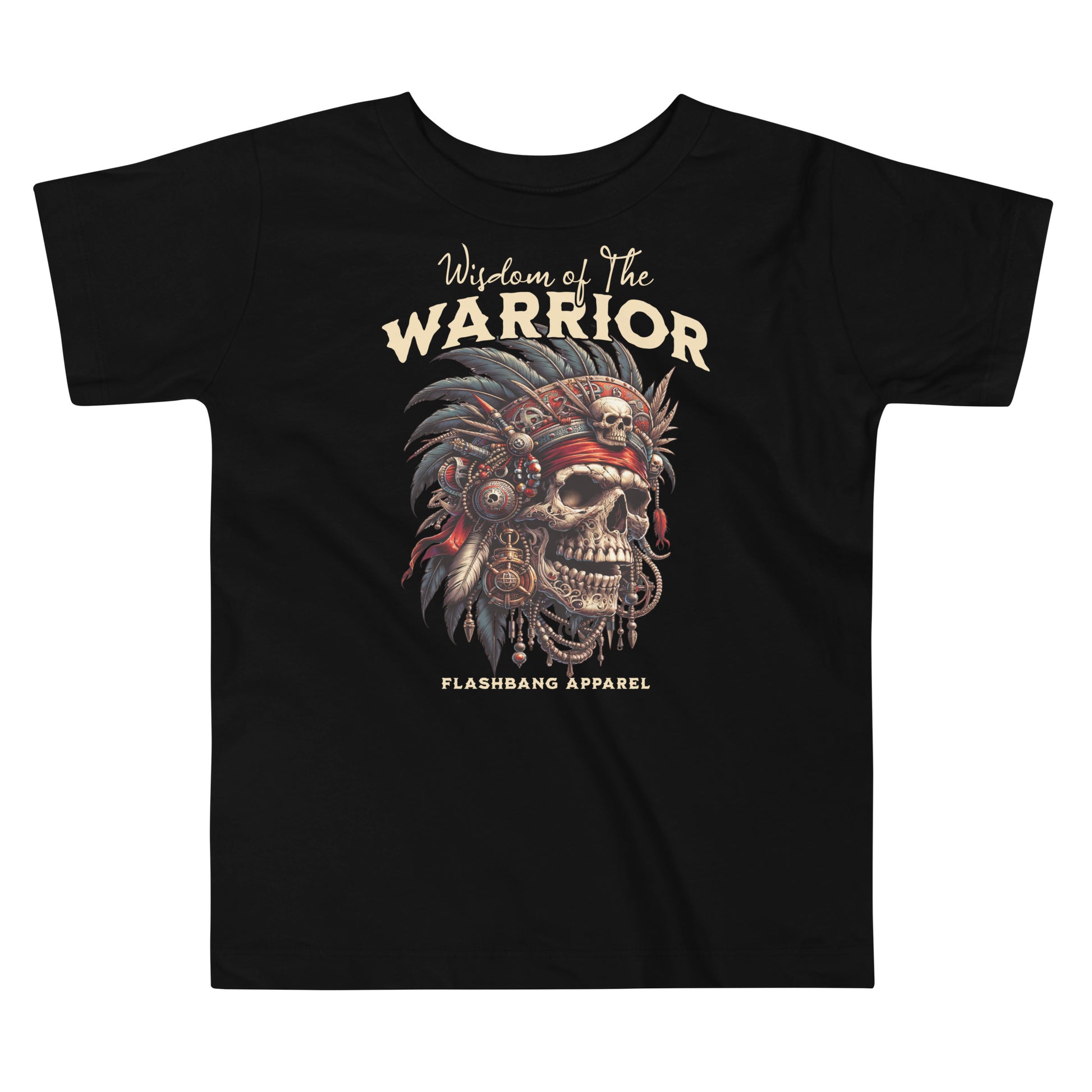 Black t-shirt with a warrior-themed design and 'Flashbang Apparel' branding on a white background